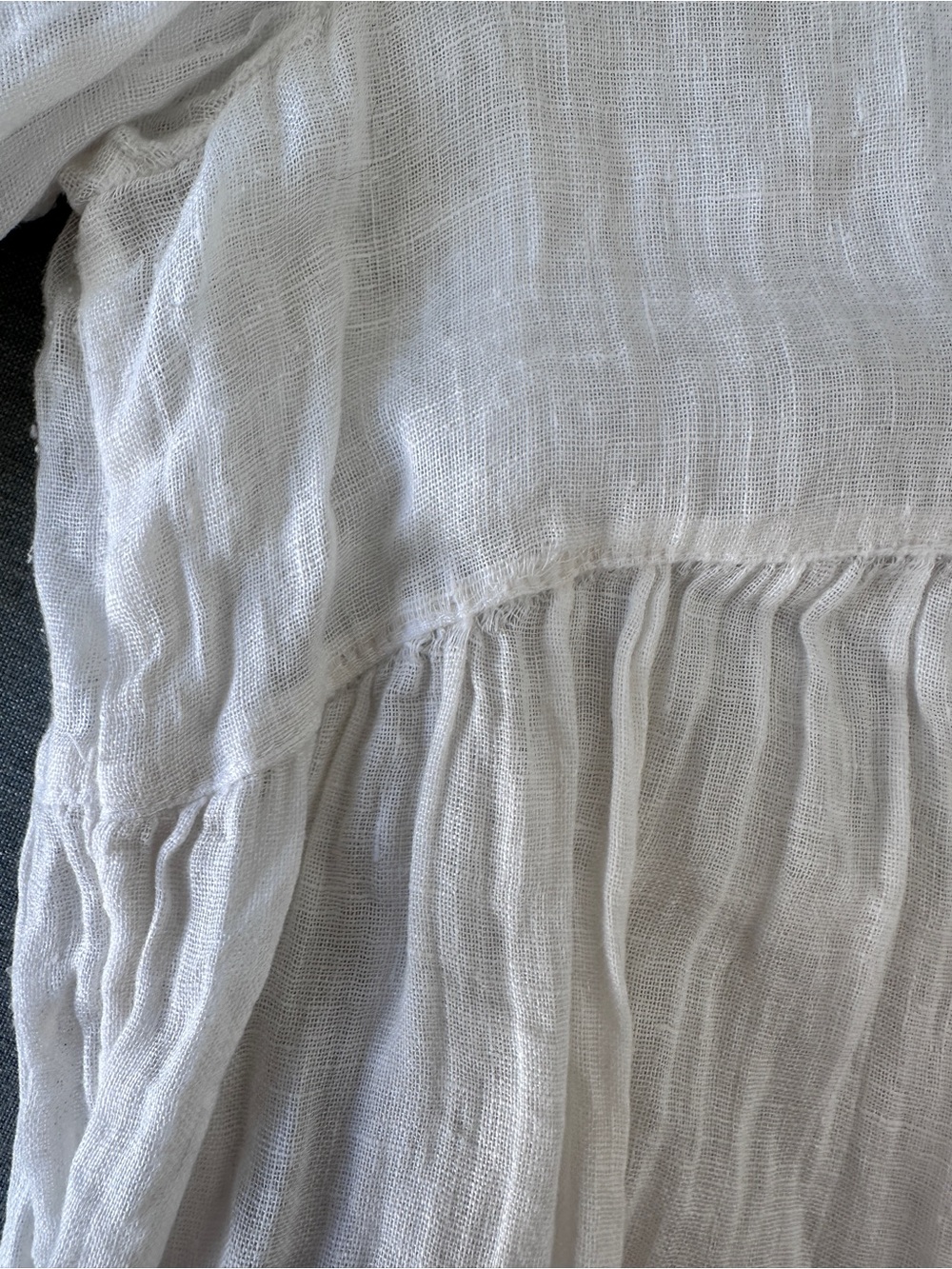 White Linen Peasant Blouse with Gathered Waist - Picture 7 of 8